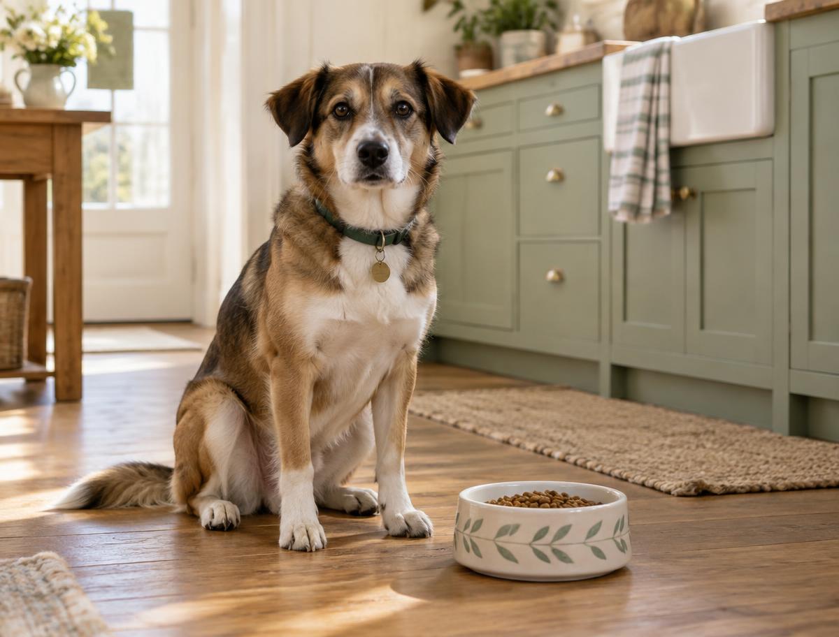 Hund wartet neben einem gefüllten Futternapf